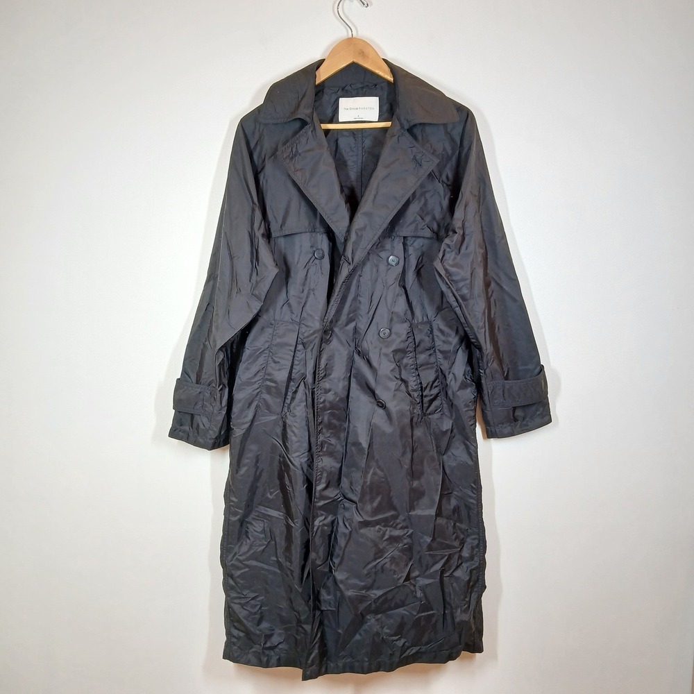 Babaton Trench Coat Womens Small Oversized Black Nylon Double Breasted Long